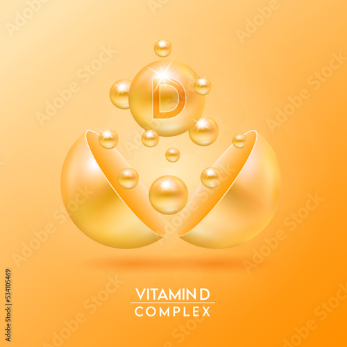 Vitamin D complex and Minerals float out of the capsule isolated on orange background. Dietary supplement for pharmacy advertisement, package design. Vector EPS10.