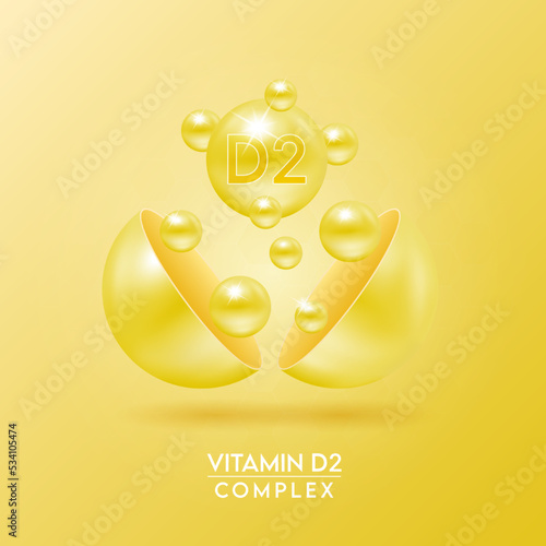 Vitamin D2 complex and Minerals float out of the capsule isolated on yellow background. Dietary supplement for pharmacy advertisement, package design. Vector EPS10.