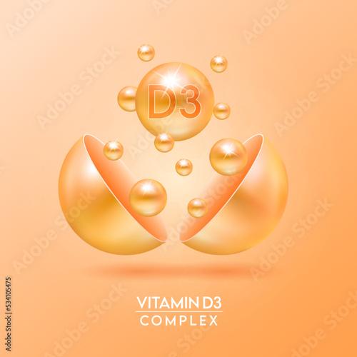 Vitamin D3 complex and Minerals float out of the capsule isolated on orange background. Dietary supplement for pharmacy advertisement, package design. Vector EPS10.