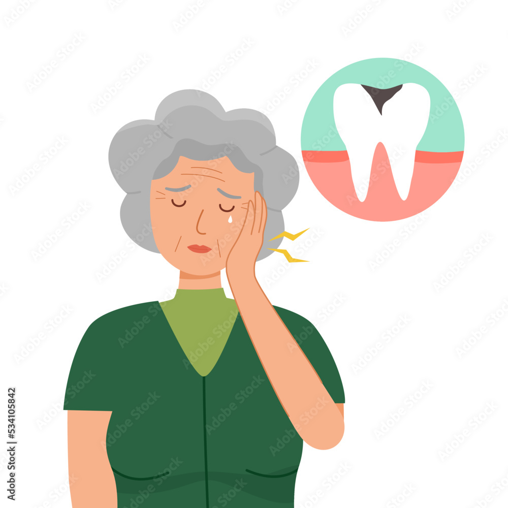 Senior woman having painful toothache character in flat design. Dental problem and oral treatment concept. Tooth caries.