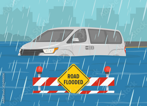 Flooded road and rainy weather conditions. Partially submerged car and warning sign with barrier on a flooded road. Flat vector illustration template.
