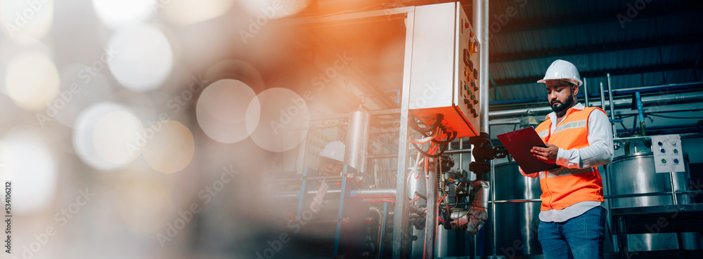custom made wallpaper toronto digitalProfessional engineering man in protective safety uniform and white hardhat working with clipboard at factory, Banner cover design.