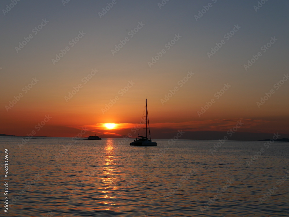 Sunset view from Paros island, Aegean Sea.