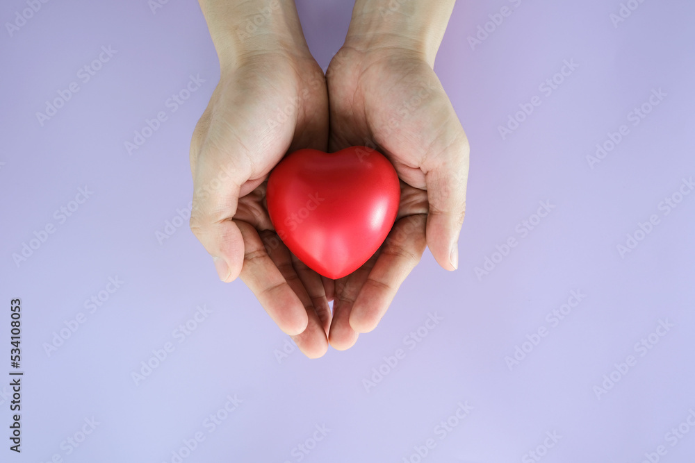 Obraz premium man's hand holding red heart character care and donation health and medicine concept