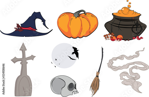 Collection Halloween symbols - icon set on dark background. Happy Halloween text. Vector illustration isolated on white. Vector illustration