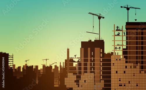 Silhouette building construction site with a tower crane and engineer and workers.Vector illustration