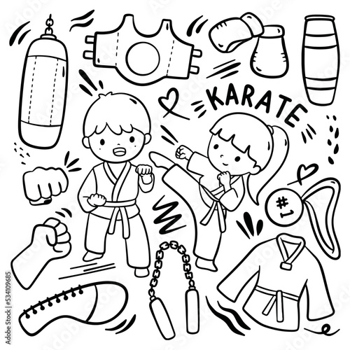 Hand Drawn Cartoon Karate Doodle Vector Illustration