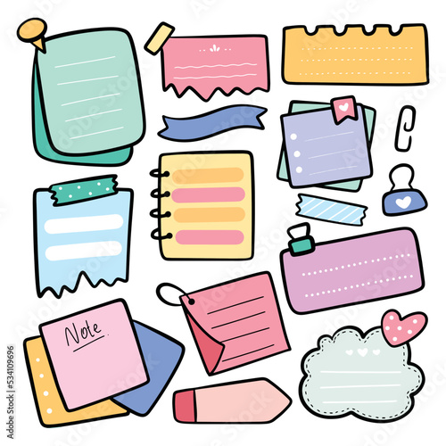 Cute hand drawn planner, journal, notepad, paper sheet, sticky note, vector illustration