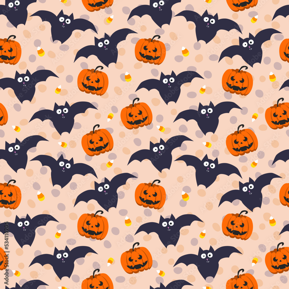 Fototapeta premium Bat and pumpkin. Halloween. Seamless background. vector pattern