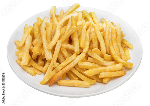 French fries in white plate on white background, French fries on white PNG file