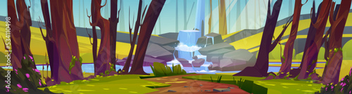 Summer forest scene with cascade waterfall, trees, green grass and bushes with flowers. Woods landscape with water stream flow on stones and path on glade, vector cartoon illustration