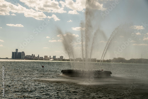 View of the skyline of Downtown Detroit, Michigan from across the Detroit river at the Windsor, Ontario riverfront