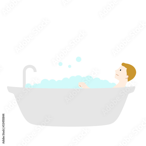バスタブで入浴する男性のイラスト（白背景・ベクター・切り抜き）