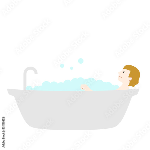 バスタブで入浴する女性のイラスト（白背景・ベクター・切り抜き）