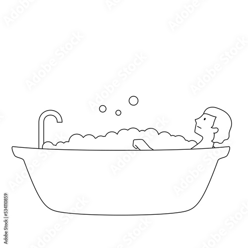 バスタブで入浴する女性のイラスト（白背景・ベクター・切り抜き）