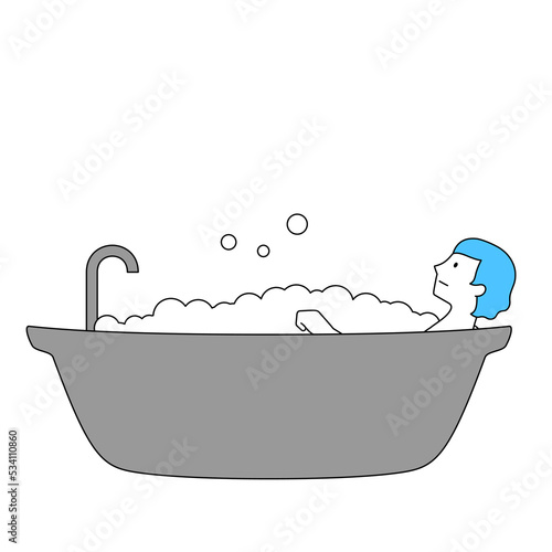バスタブで入浴する女性のイラスト（白背景・ベクター・切り抜き）