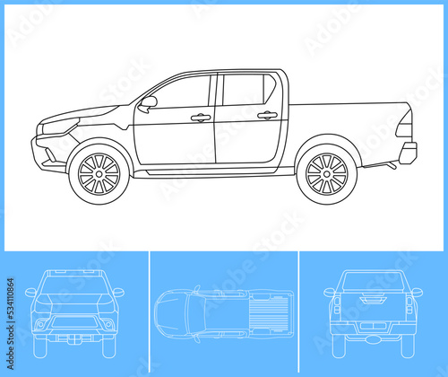 Pick up car template. Transportation outline stroke template. Blue print layout. Fit for warp sticker, air brush, vinyls, recolor project. Vector eps 10.