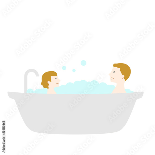 バスタブで入浴する親子のイラスト（白背景・ベクター・切り抜き）