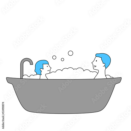 バスタブで入浴する親子のイラスト（白背景・ベクター・切り抜き）