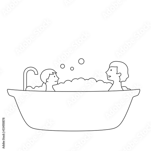 バスタブで入浴する親子のイラスト（白背景・ベクター・線画・切り抜き）