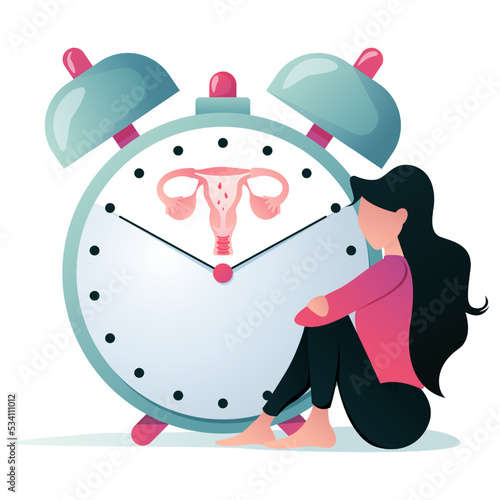 Painful menstruation. Women check menstrual days, clock with female genitals silhouette. Modern illustration in flat style. Vector illustration