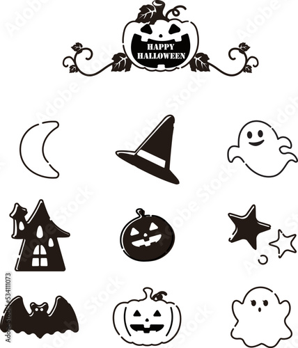 秋　10月　かわいいハロウィンのアイコンセット　イラスト　ファンシー　フラット　黒線　素材
