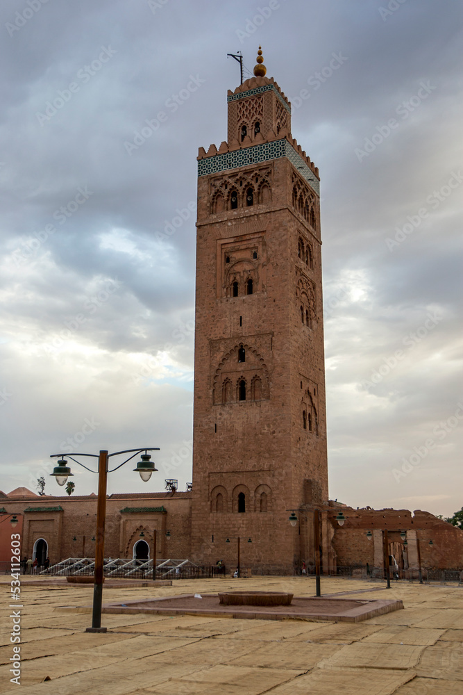 The minaret of Koutoubia Mosque at Marrakesh in Morocco. The minaret, 77 metres (253 ft) in height, includes a spire and orbs. It was completed by the Berber Almohad Caliph Yaqub al-Mansur.
