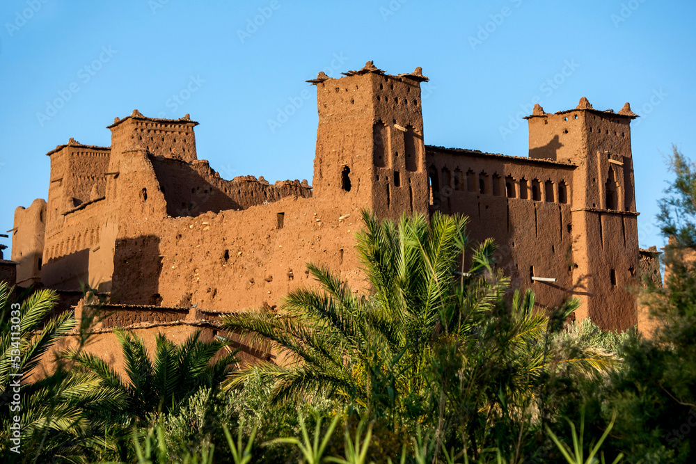 The magnificent fortified city of Ait Benhaddou, located in the High Atlas mountains of Morocco. The giant fortification is made up of six forts (Kasbahs) and nearly fifty palaces.