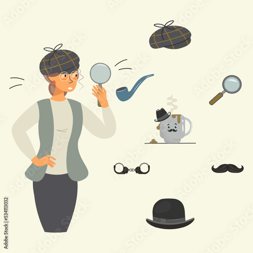 Detective set. Female character design with outfit Icon set: lady detective, hat, pipe, coffee cup, handcuffs, magnifying glass, mustache. Vector design with an elderly detective. Agatha Christie