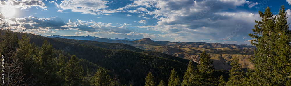 Mountain valley panorama with pine forest at sunset