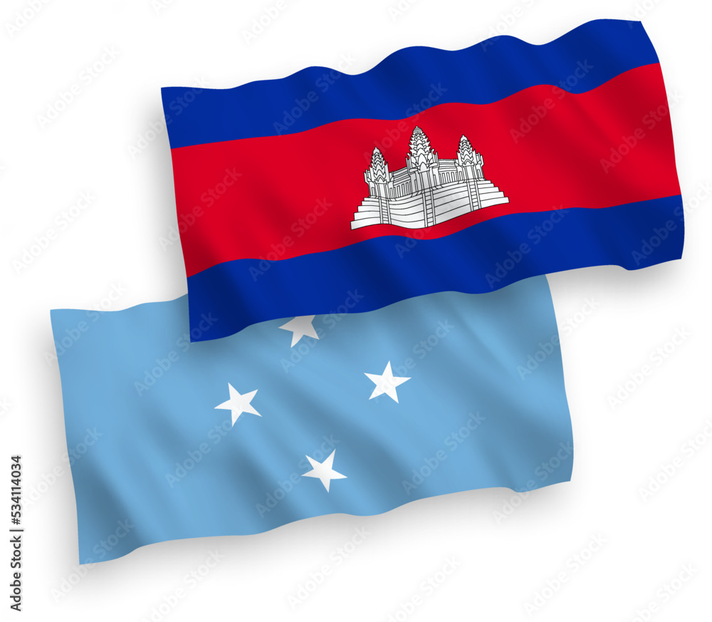 Fototapeta premium National vector fabric wave flags of Federated States of Micronesia and Kingdom of Cambodia isolated on white background. 1 to 2 proportion.