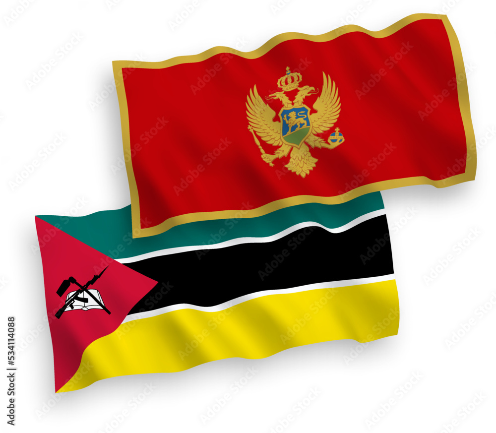 National vector fabric wave flags of Republic of Mozambique and Montenegro isolated on white background. 1 to 2 proportion. National vector fabric wave flags of Republic of Mozambique and Montenegro isolated on white background. 1 to 2 proportion.
