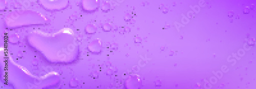 Liquid collagen, serum drops on purple background. Pure water splash, clear droplets and spills of skin care cosmetic, vector realistic illustration with copy space