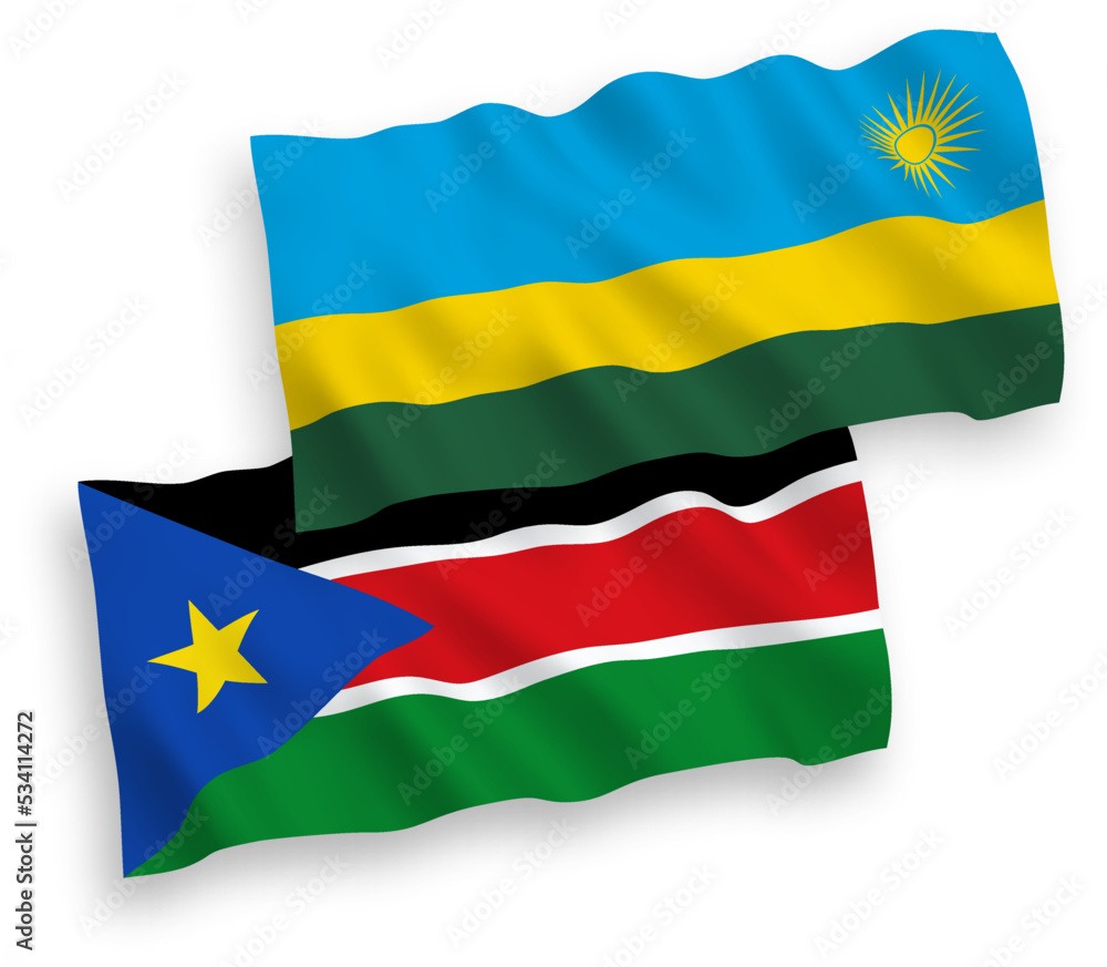 National vector fabric wave flags of Republic of Rwanda and Republic of South Sudan isolated on white background. 1 to 2 proportion. National vector fabric wave flags of Republic of Rwanda and Republic of South Sudan isolated on white background. 1 to 2 proportion.