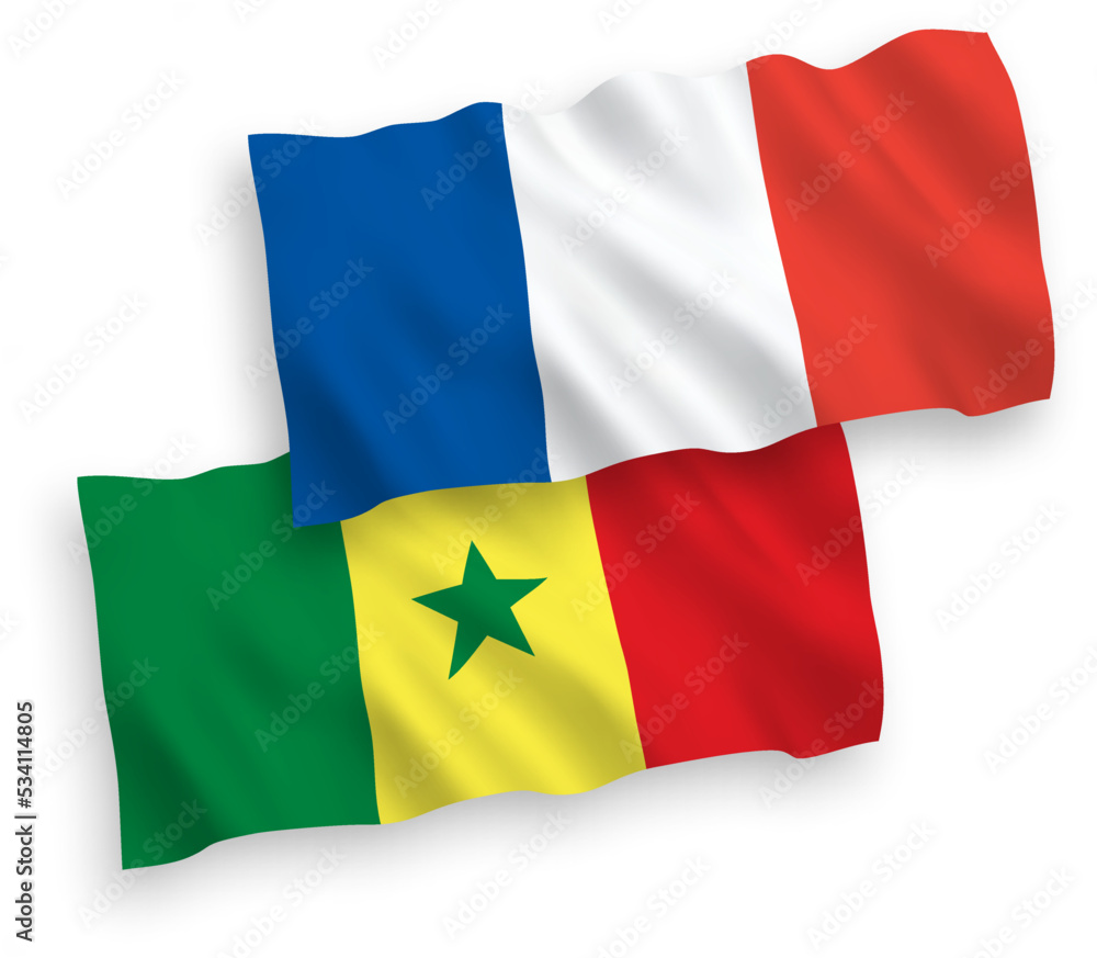 National vector fabric wave flags of France and Republic of Senegal isolated on white background. 1 to 2 proportion. National vector fabric wave flags of France and Republic of Senegal isolated on white background. 1 to 2 proportion.