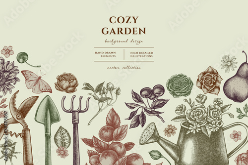 Gardening hand drawn illustration design. Background with vintage watering can, apples, cherry, rose, pears, shovel, rake, secateurs, chamomile, sunflower, forget me not flower, ranunculus, great