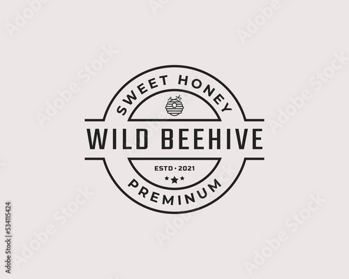 Vintage Retro Badge Emblem Honey Bee Hive Logo Design Linear Style. Vector Illustration