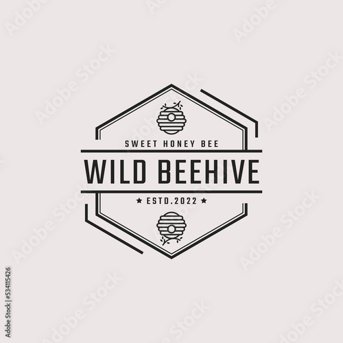Vintage Retro Badge Emblem Honey Bee Hive Logo Design Linear Style. Vector Illustration