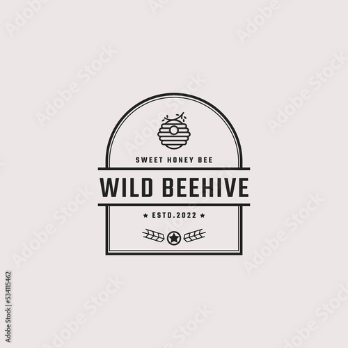 Vintage Retro Badge Emblem Honey Bee Hive Logo Design Linear Style. Vector Illustration