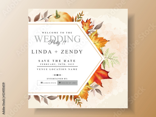 wedding invitation card template with hand drawn autumn leaves
