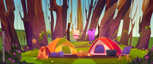 Camping tents with campfire and tourist stuff at forest field. Traveler halt with chair, drying clothes, logs and rucksack on nature landscape with trees. Summer travel cartoon vector illustration © klyaksun