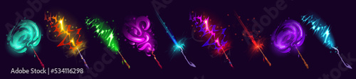Set of magic wands with vfx light effect, wizard or witch sticks with glowing colorful beams of spell. Wooden and metal bizarre rods with sparkling trails. magician assets, Cartoon vector illustration
