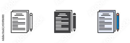 Document and pencil different style icon set