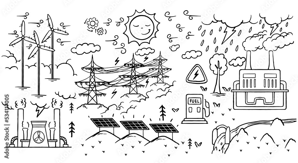 Hand drawn ecology doodle icon set of renewable energy isolated on white background.