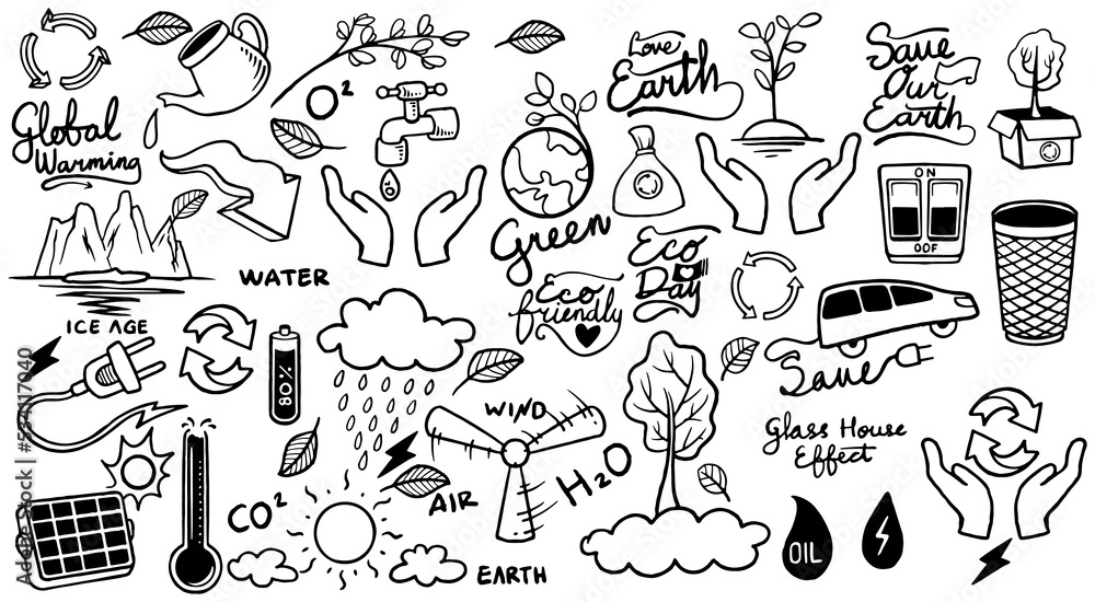 Hand drawn ecology doodle icon set of save earth isolated on white background.