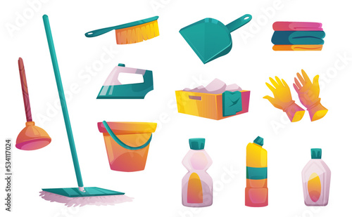 Set of household equipment and tools. Scoop, cleaning brush and linen in box, liquid soap, detergent bottles, plunger, mop, rubber gloves, iron and bucket isolated Cartoon vector illustration, icons