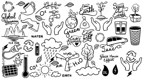 Hand drawn ecology doodle icon set of save earth isolated on white background. photo