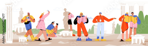 Tourists travel, excursion with guide. People group with backpacks, map and photo cameras traveling, characters visiting sightseeing and landmarks in abroad trip, Line art flat vector illustration