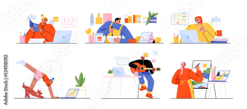 Characters watch video courses, online education concept. People learn via internet cooking, painting, business, yoga and music classes on laptop. Distance learning, webinars. Line art flat vector set