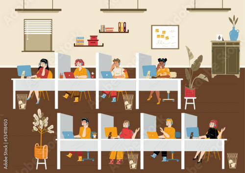 Customer support service operators work at call center office interior. Men and women in headset sitting at desks provide online help to clients via internet Cartoon linear flat vector illustration